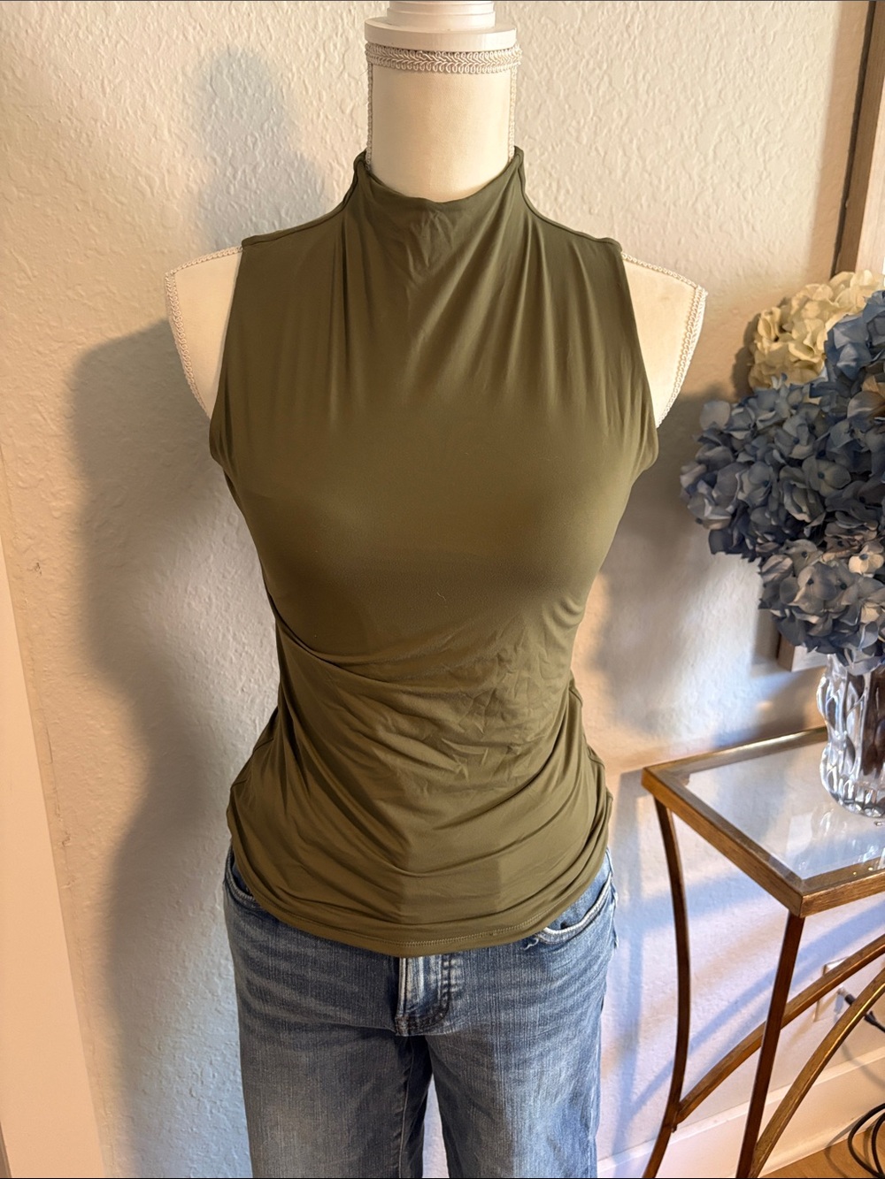 Women's Olive Green Sleeveless Mock Neck Tank with Ruching